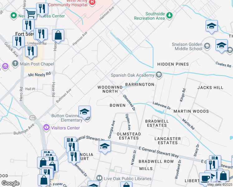 map of restaurants, bars, coffee shops, grocery stores, and more near 210 Honey Lane Circle in Hinesville