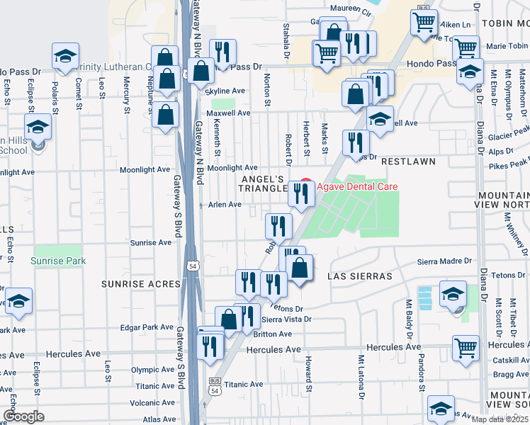 map of restaurants, bars, coffee shops, grocery stores, and more near 8700 Norton Street in El Paso