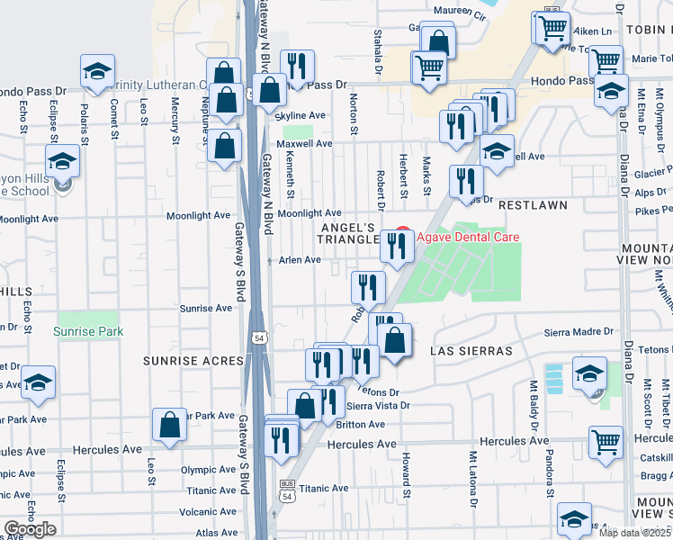 map of restaurants, bars, coffee shops, grocery stores, and more near 4515 Sunrise Avenue in El Paso