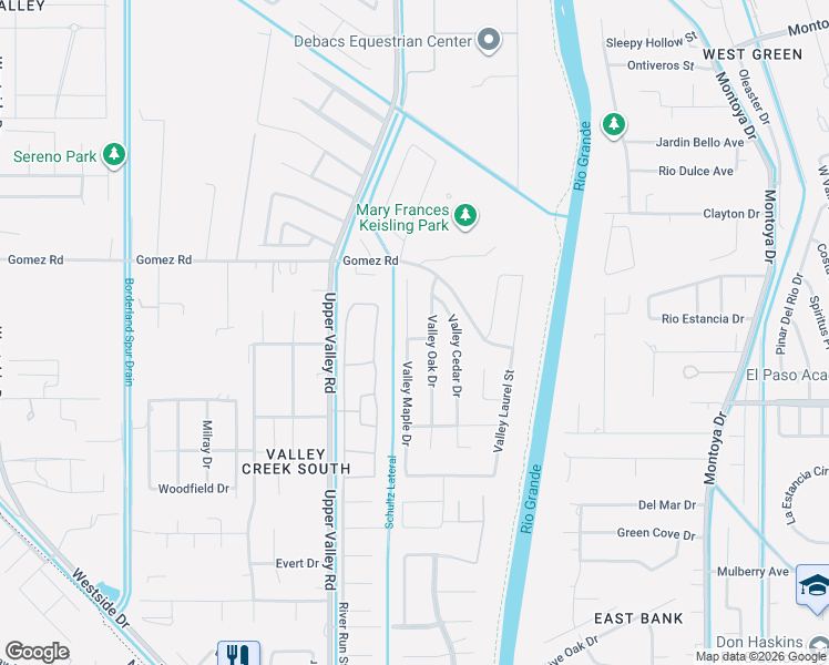 map of restaurants, bars, coffee shops, grocery stores, and more near 5637 Valley Oak Drive in El Paso
