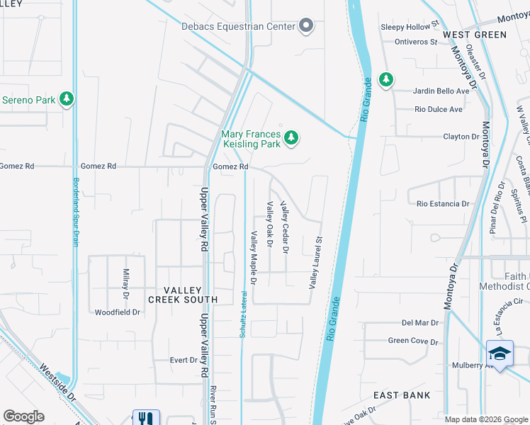 map of restaurants, bars, coffee shops, grocery stores, and more near 5701 Valley Oak Drive in El Paso