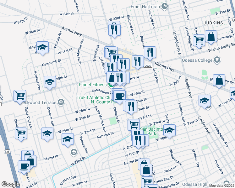 map of restaurants, bars, coffee shops, grocery stores, and more near 2653-2699 San Andres Dr in Odessa
