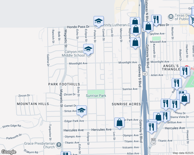 map of restaurants, bars, coffee shops, grocery stores, and more near 8813 Polaris Street in El Paso