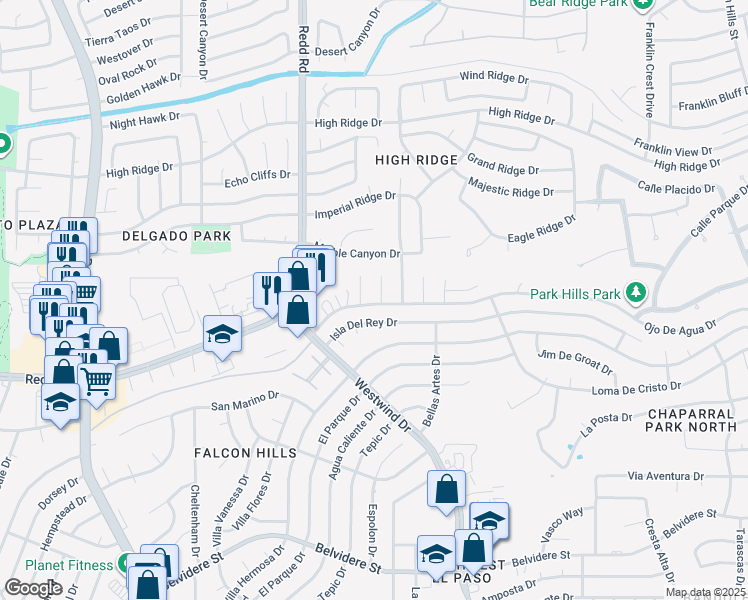 map of restaurants, bars, coffee shops, grocery stores, and more near 916 Las Aves Place in El Paso