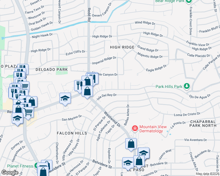 map of restaurants, bars, coffee shops, grocery stores, and more near 916 Las Aves Place in El Paso