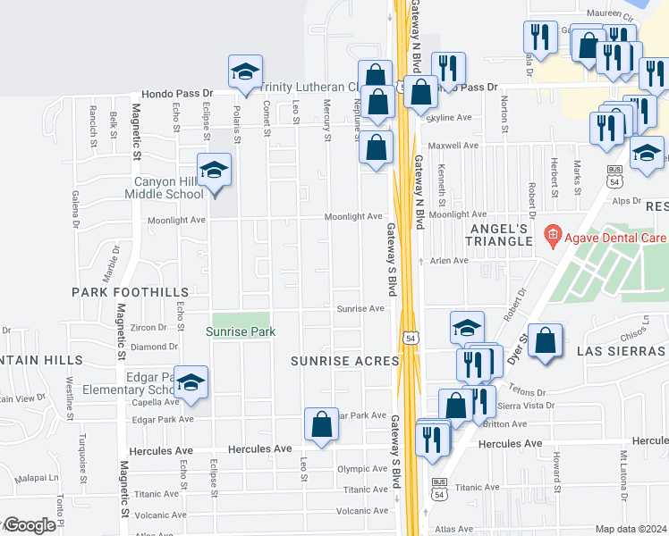 map of restaurants, bars, coffee shops, grocery stores, and more near 8738 Mercury Street in El Paso