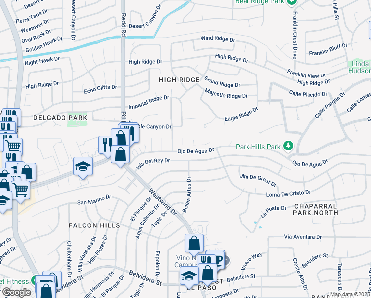 map of restaurants, bars, coffee shops, grocery stores, and more near 900 Tecate Place in El Paso