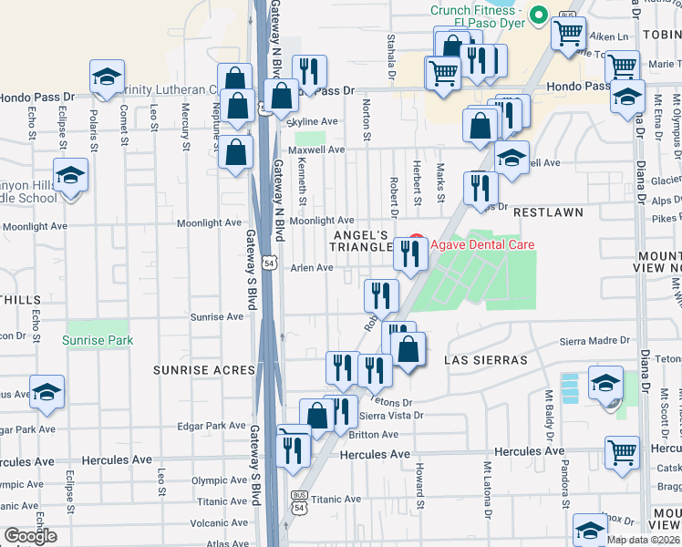 map of restaurants, bars, coffee shops, grocery stores, and more near 4510 Arlen Avenue in El Paso
