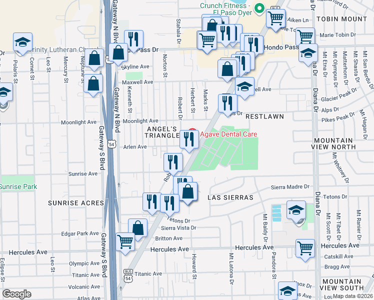 map of restaurants, bars, coffee shops, grocery stores, and more near 8800 Robert Drive in El Paso