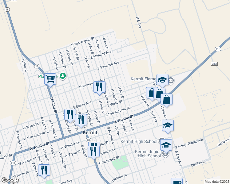 map of restaurants, bars, coffee shops, grocery stores, and more near 400-498 North Ave D in Kermit