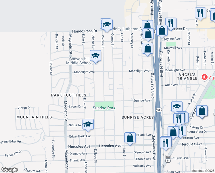 map of restaurants, bars, coffee shops, grocery stores, and more near 8733 Orion Place in El Paso