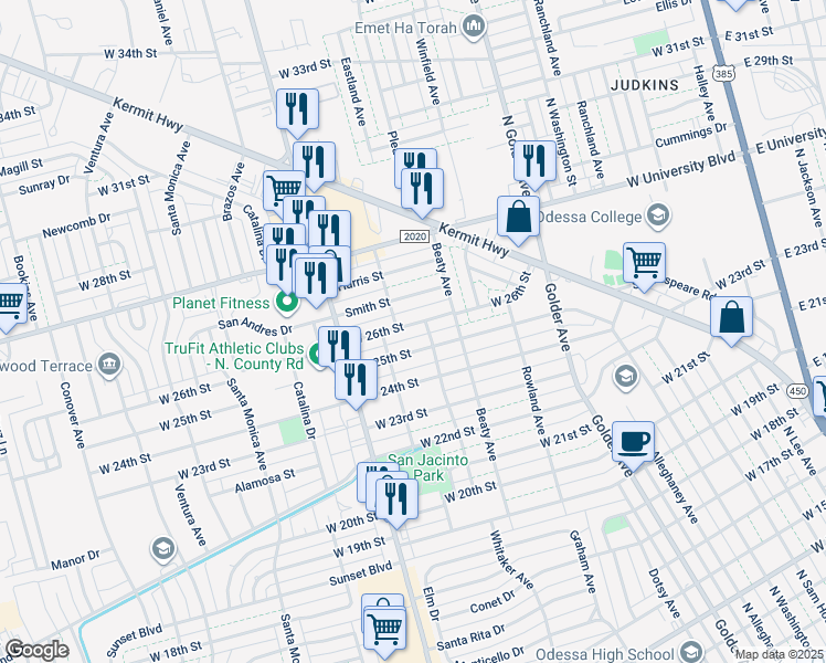 map of restaurants, bars, coffee shops, grocery stores, and more near 1105 West 26th Street in Odessa