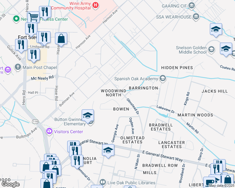 map of restaurants, bars, coffee shops, grocery stores, and more near 829 Olmstead Drive in Hinesville
