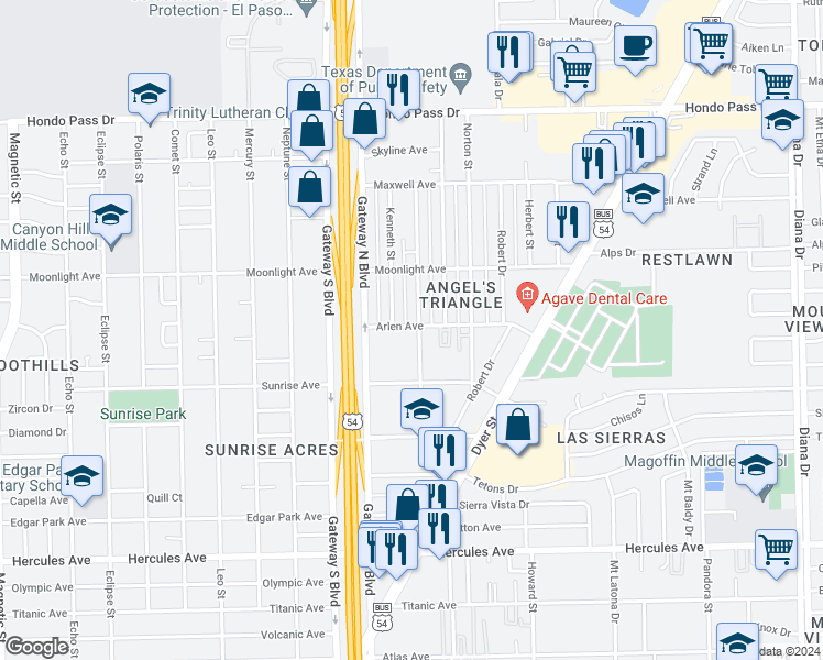 map of restaurants, bars, coffee shops, grocery stores, and more near 8808 Kenneth Street in El Paso