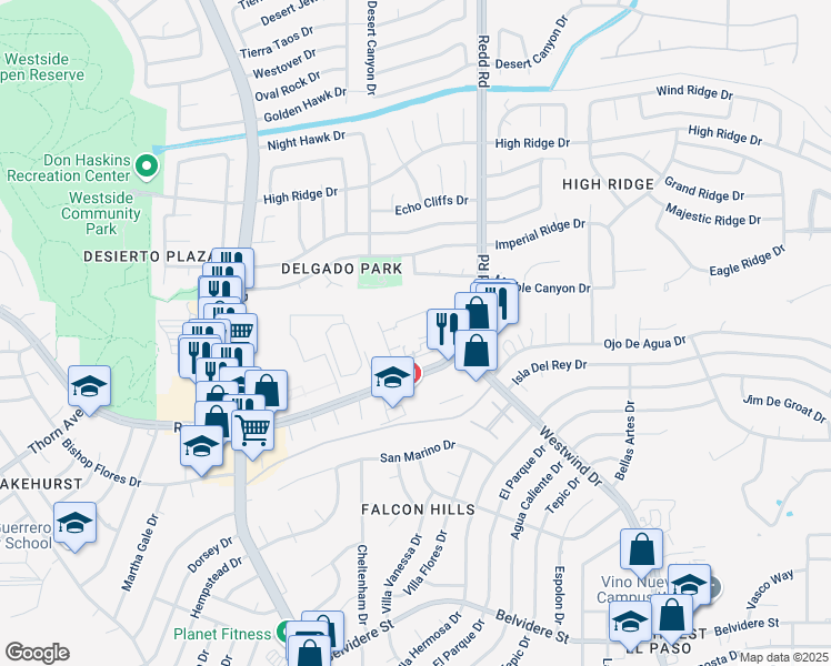 map of restaurants, bars, coffee shops, grocery stores, and more near 825 East Redd Road in El Paso