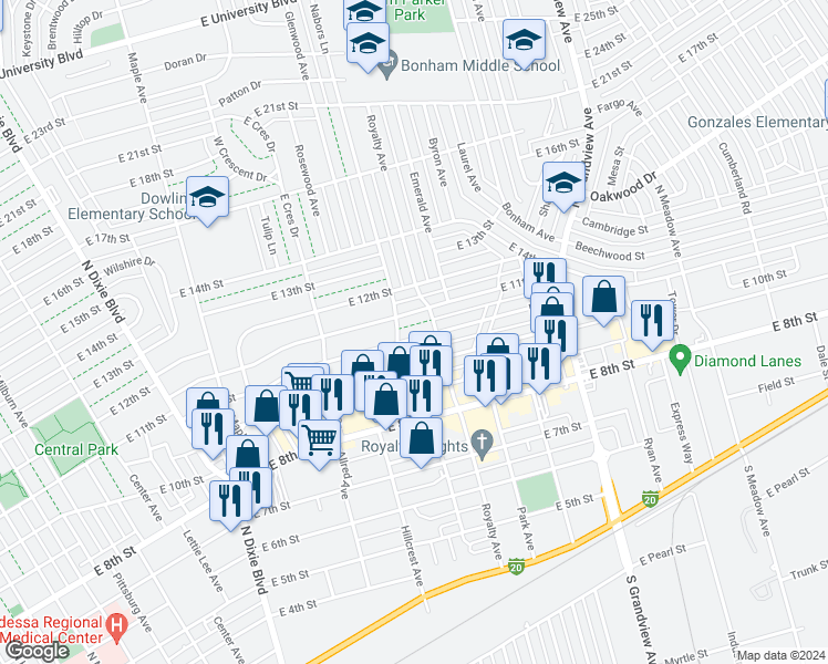 map of restaurants, bars, coffee shops, grocery stores, and more near 2005 Beverly Street in Odessa