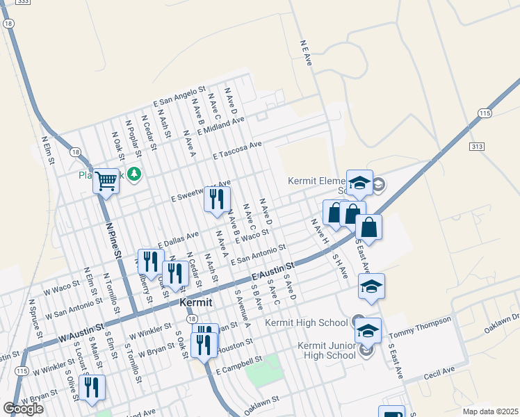 map of restaurants, bars, coffee shops, grocery stores, and more near 400 North Avenue D in Kermit