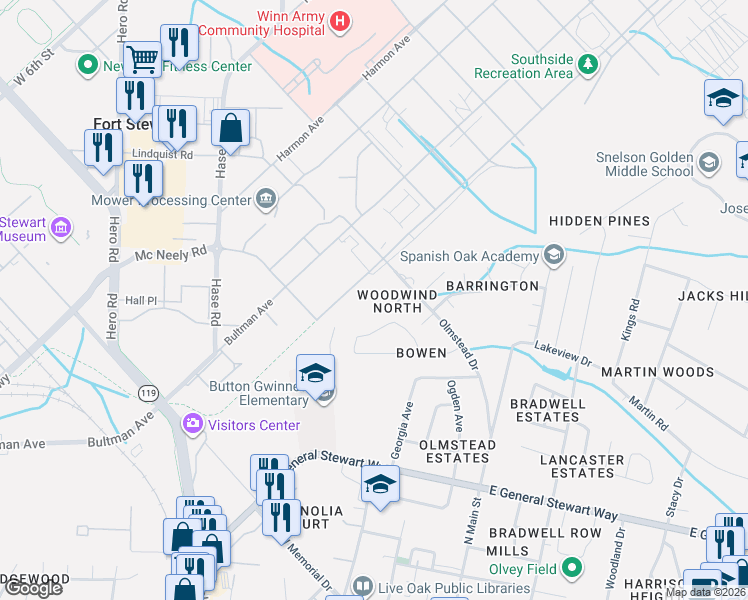 map of restaurants, bars, coffee shops, grocery stores, and more near 901 Olmstead Drive in Hinesville
