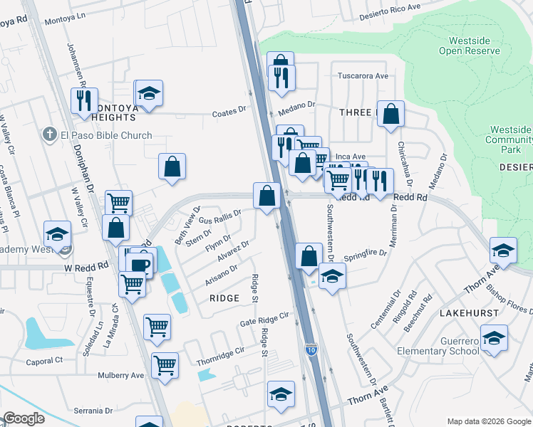 map of restaurants, bars, coffee shops, grocery stores, and more near 292 Redd Road in El Paso