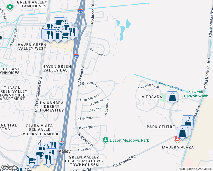 map of restaurants, bars, coffee shops, grocery stores, and more near 248 East Las Granadas in Green Valley