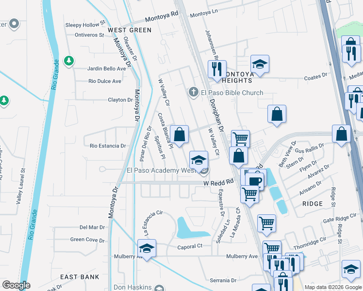 map of restaurants, bars, coffee shops, grocery stores, and more near 5635 Green Castle Road in El Paso