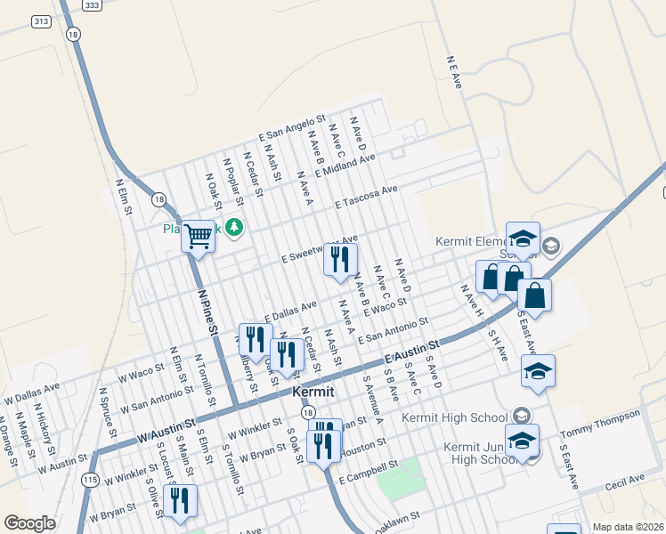 map of restaurants, bars, coffee shops, grocery stores, and more near 514 East Dallas Avenue in Kermit