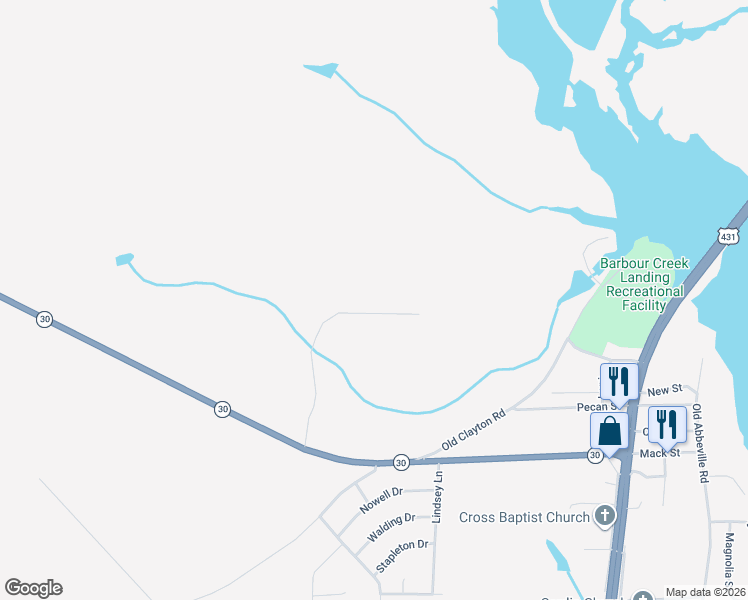 map of restaurants, bars, coffee shops, grocery stores, and more near 168-170 Russell Williams Road in Eufaula