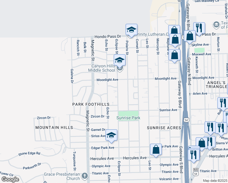 map of restaurants, bars, coffee shops, grocery stores, and more near 8809 Eclipse Street in El Paso
