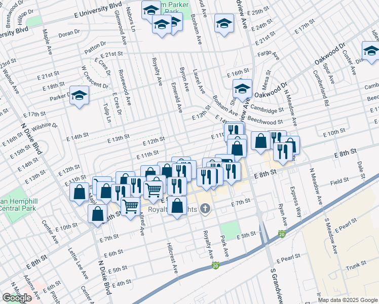 map of restaurants, bars, coffee shops, grocery stores, and more near 2105 Beverly St in Odessa
