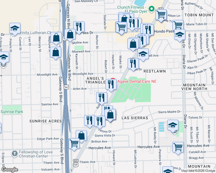 map of restaurants, bars, coffee shops, grocery stores, and more near 8800 Robert Drive in El Paso