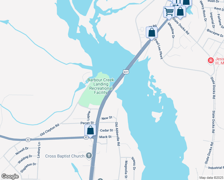 map of restaurants, bars, coffee shops, grocery stores, and more near U.S. 431 in Eufaula