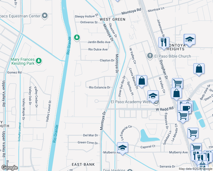 map of restaurants, bars, coffee shops, grocery stores, and more near 5700 Novilla Place in El Paso
