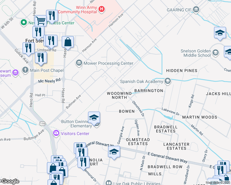 map of restaurants, bars, coffee shops, grocery stores, and more near 901 Olmstead Drive in Hinesville