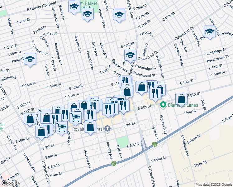 map of restaurants, bars, coffee shops, grocery stores, and more near 2118 Beverly Street in Odessa
