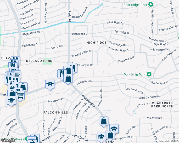 map of restaurants, bars, coffee shops, grocery stores, and more near 916 Las Aves Place in El Paso