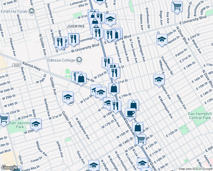 map of restaurants, bars, coffee shops, grocery stores, and more near 2022 Shakespeare Road in Odessa
