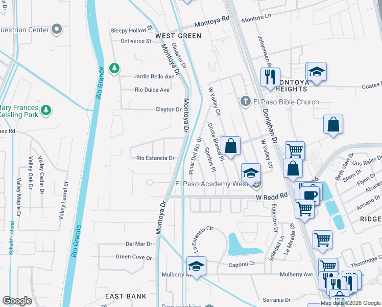 map of restaurants, bars, coffee shops, grocery stores, and more near 552 Pinar Del Rio Drive in El Paso