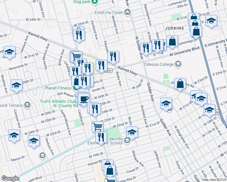 map of restaurants, bars, coffee shops, grocery stores, and more near 1012-1014 West 26th Street in Odessa