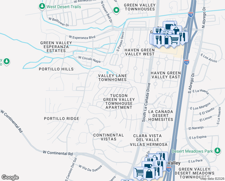 map of restaurants, bars, coffee shops, grocery stores, and more near 521 South Paseo La Rueda Circle in Green Valley