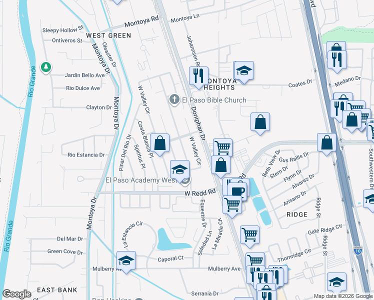 map of restaurants, bars, coffee shops, grocery stores, and more near 5620 Saplinas Road in El Paso
