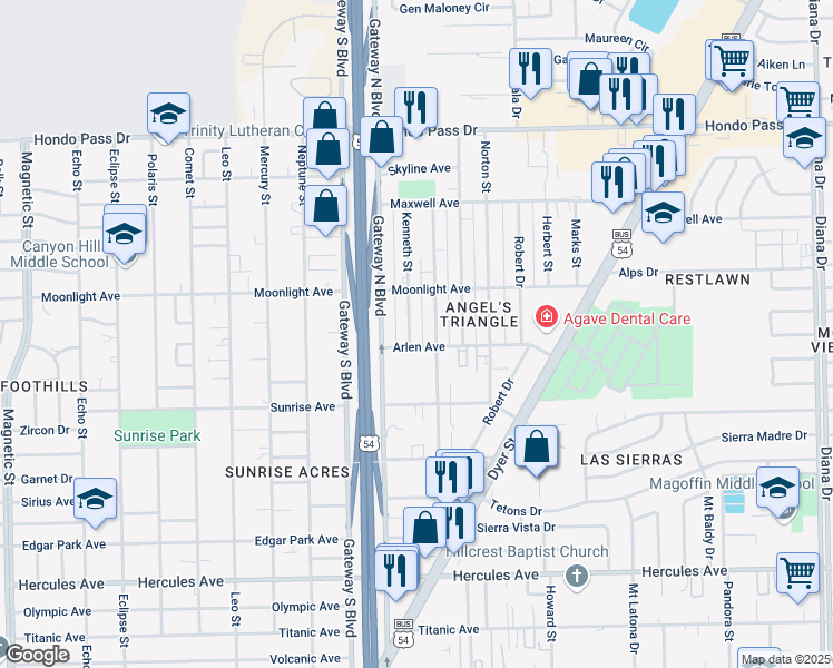map of restaurants, bars, coffee shops, grocery stores, and more near 8808 Kenneth Street in El Paso