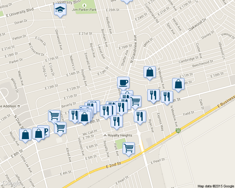 map of restaurants, bars, coffee shops, grocery stores, and more near 2124 Beverly Street in Odessa