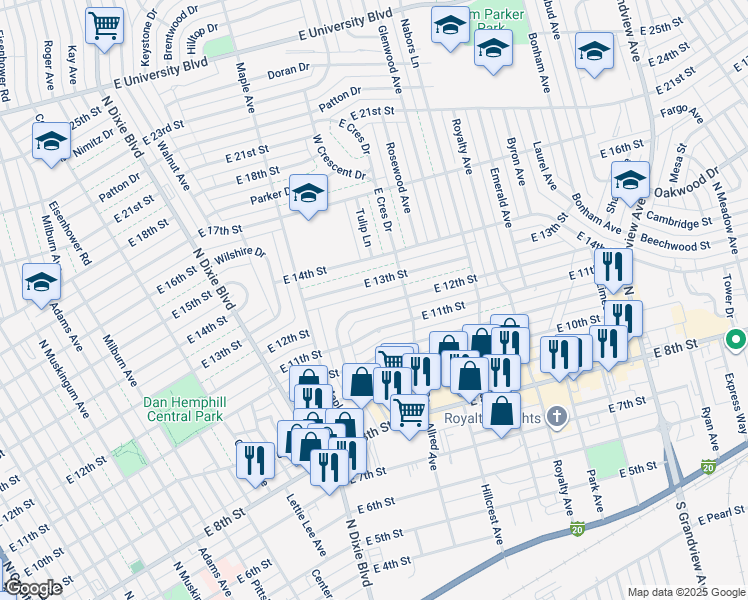 map of restaurants, bars, coffee shops, grocery stores, and more near 1521 East 12th Street in Odessa