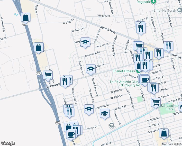 map of restaurants, bars, coffee shops, grocery stores, and more near 2108 West University Boulevard in Odessa