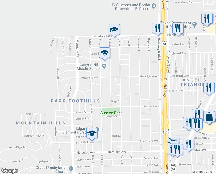 map of restaurants, bars, coffee shops, grocery stores, and more near 8813 Polaris Street in El Paso