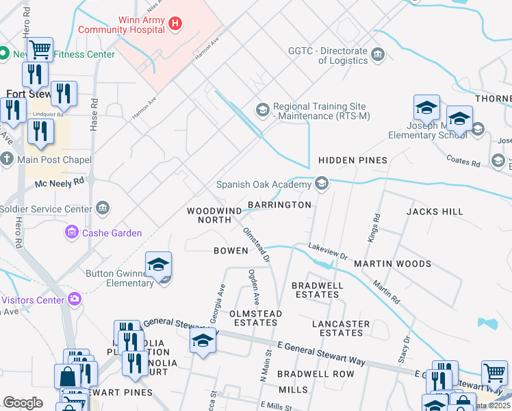 map of restaurants, bars, coffee shops, grocery stores, and more near 800 Lexington Place in Hinesville