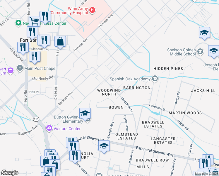 map of restaurants, bars, coffee shops, grocery stores, and more near 829 Olmstead Drive in Hinesville