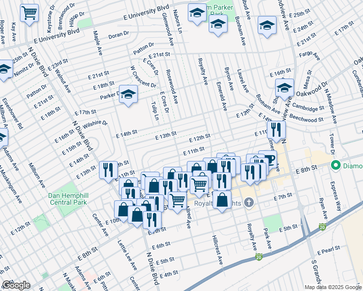 map of restaurants, bars, coffee shops, grocery stores, and more near 1702 East 12th Street in Odessa