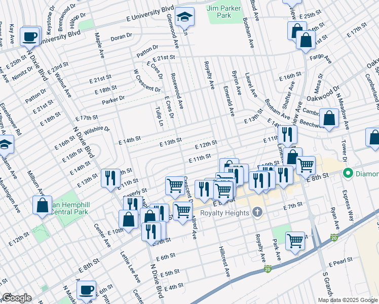 map of restaurants, bars, coffee shops, grocery stores, and more near 1702 E 12th St in Odessa