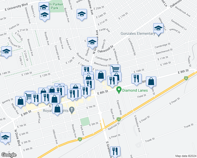map of restaurants, bars, coffee shops, grocery stores, and more near 2440 East 11th Street in Odessa